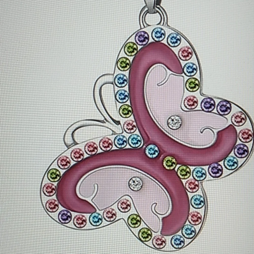 Cute Butterfly necklace Girls w Rhinestones 22 inch chain, pink, blue.